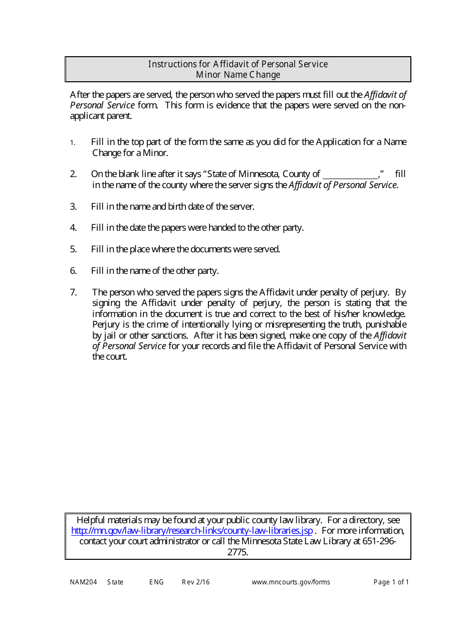 Form NAM204 Instructions for Affidavit of Personal Service - Minnesota, Page 1