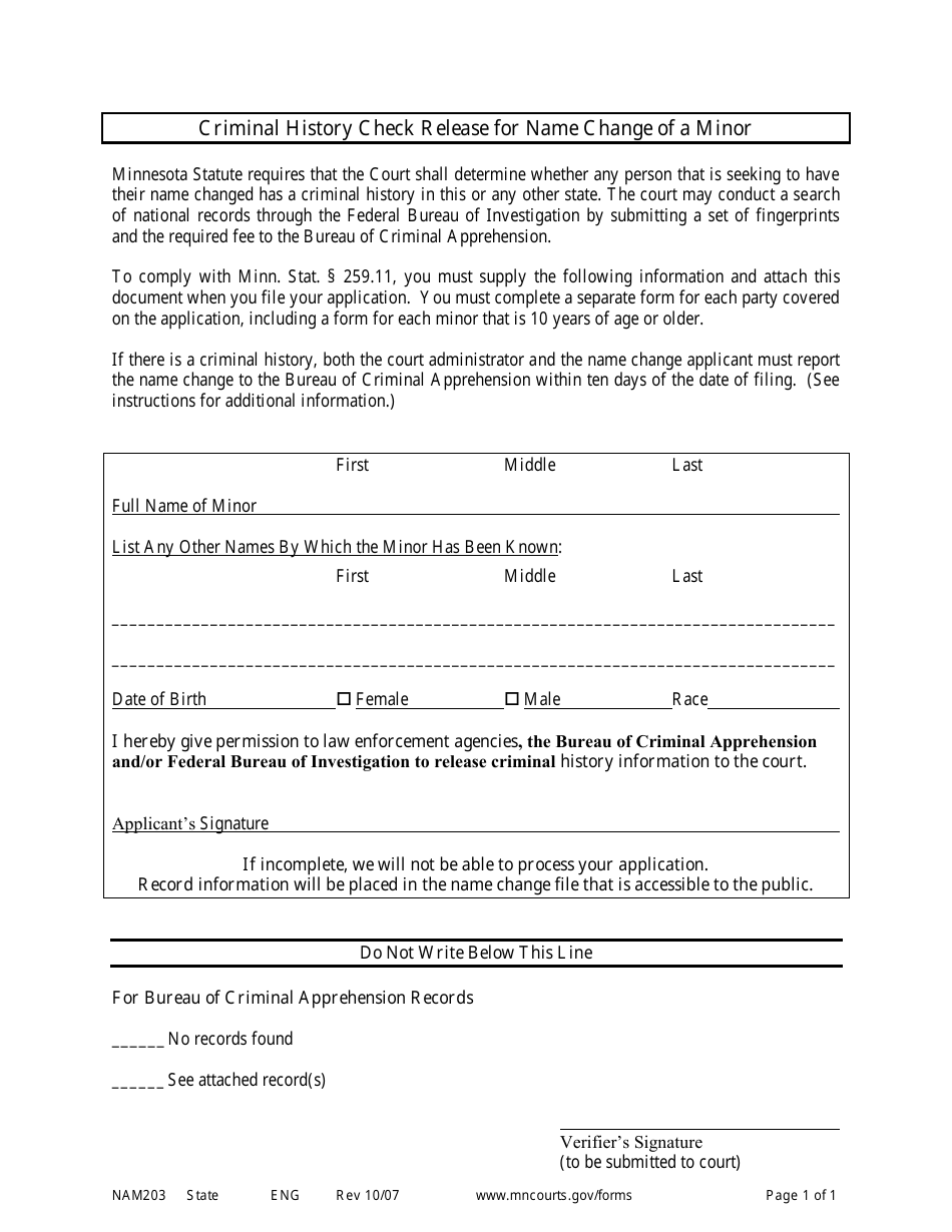 Form NAM203 Criminal History Check Release for Name Change of a Minor - Minnesota, Page 1