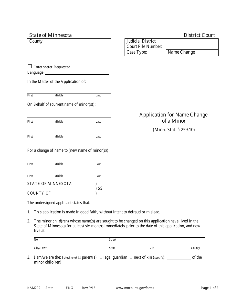 Form NAM202 Application for Name Change of a Minor - Minnesota, Page 1