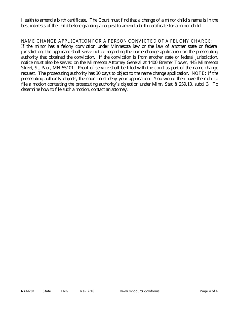 Form NAM201 Instructions - Minor Name Change - Minnesota, Page 4