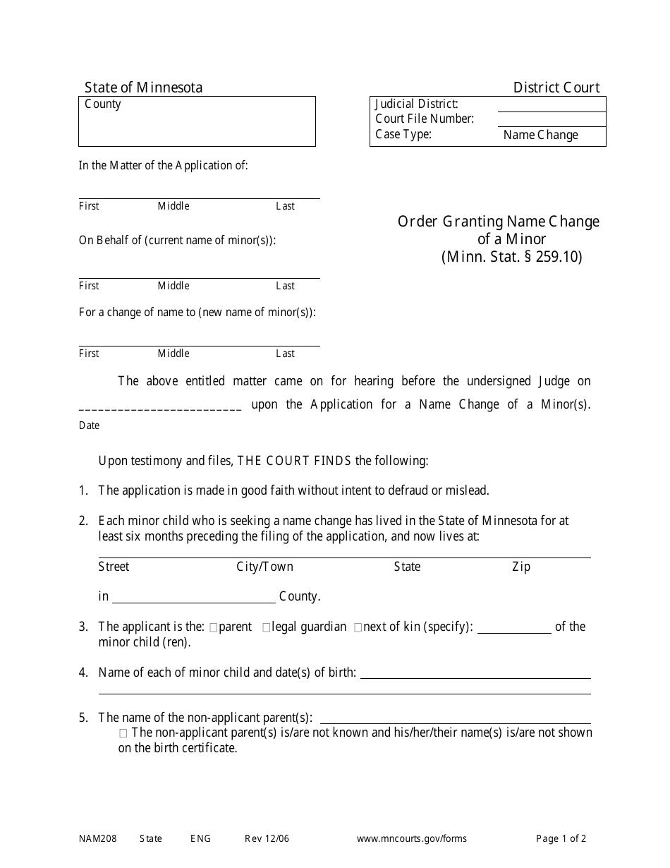 Form NAM208 Order Granting Name Change of a Minor - Minnesota, Page 1