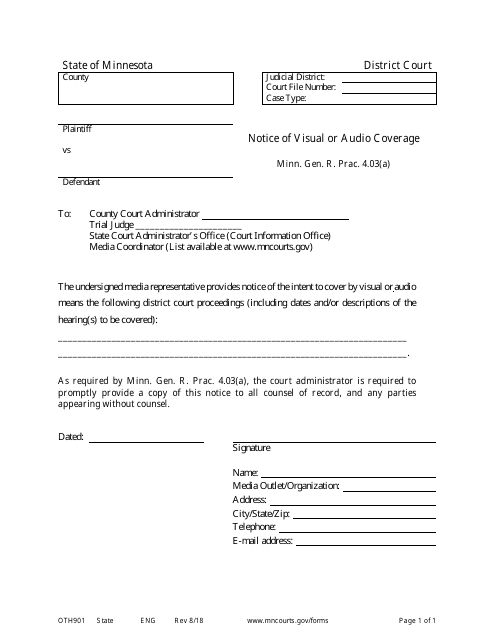 Form OTH901 Notice of Visual or Audio Coverage - Minnesota