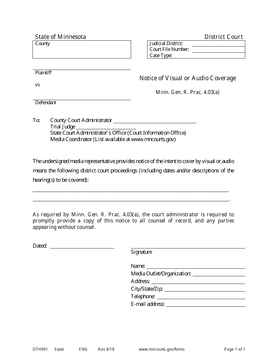 Form OTH901 Notice of Visual or Audio Coverage - Minnesota, Page 1