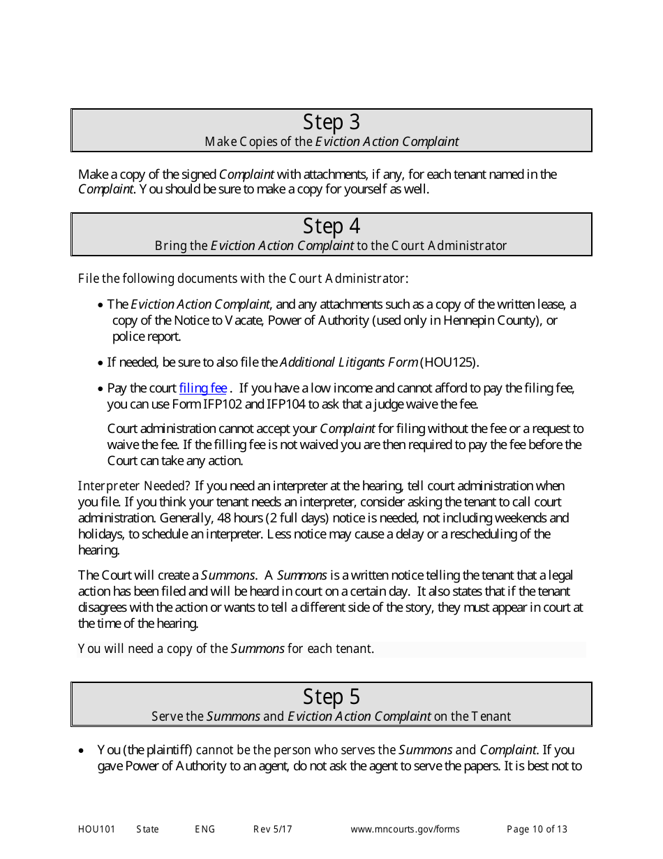 Form HOU101 Instructions - Eviction Action Complaint - Minnesota, Page 10