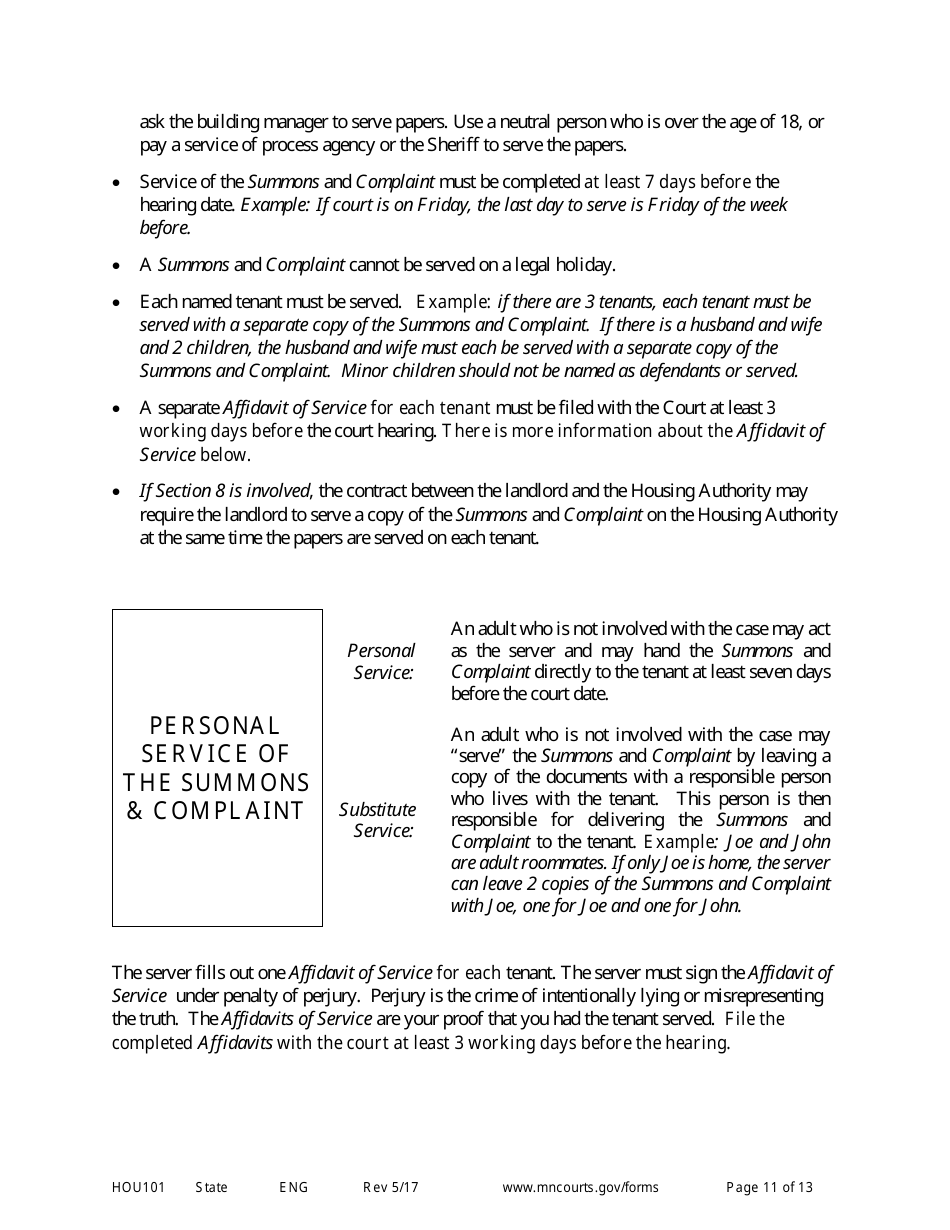 Form HOU101 Instructions - Eviction Action Complaint - Minnesota, Page 11