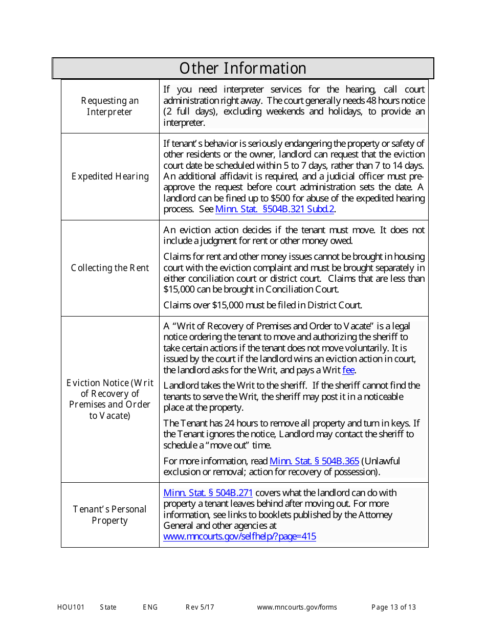 Form HOU101 Instructions - Eviction Action Complaint - Minnesota, Page 13