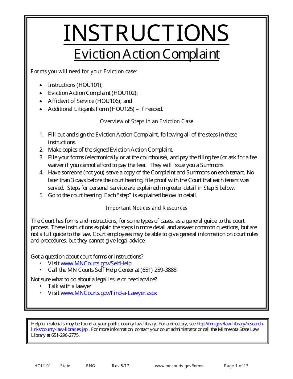 Form HOU101 Instructions - Eviction Action Complaint - Minnesota, Page 1
