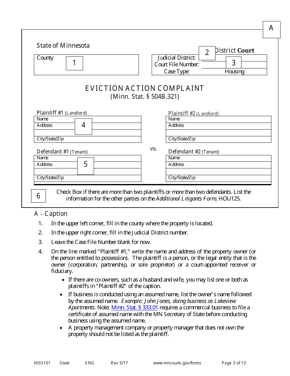 Form HOU101 Instructions - Eviction Action Complaint - Minnesota, Page 3