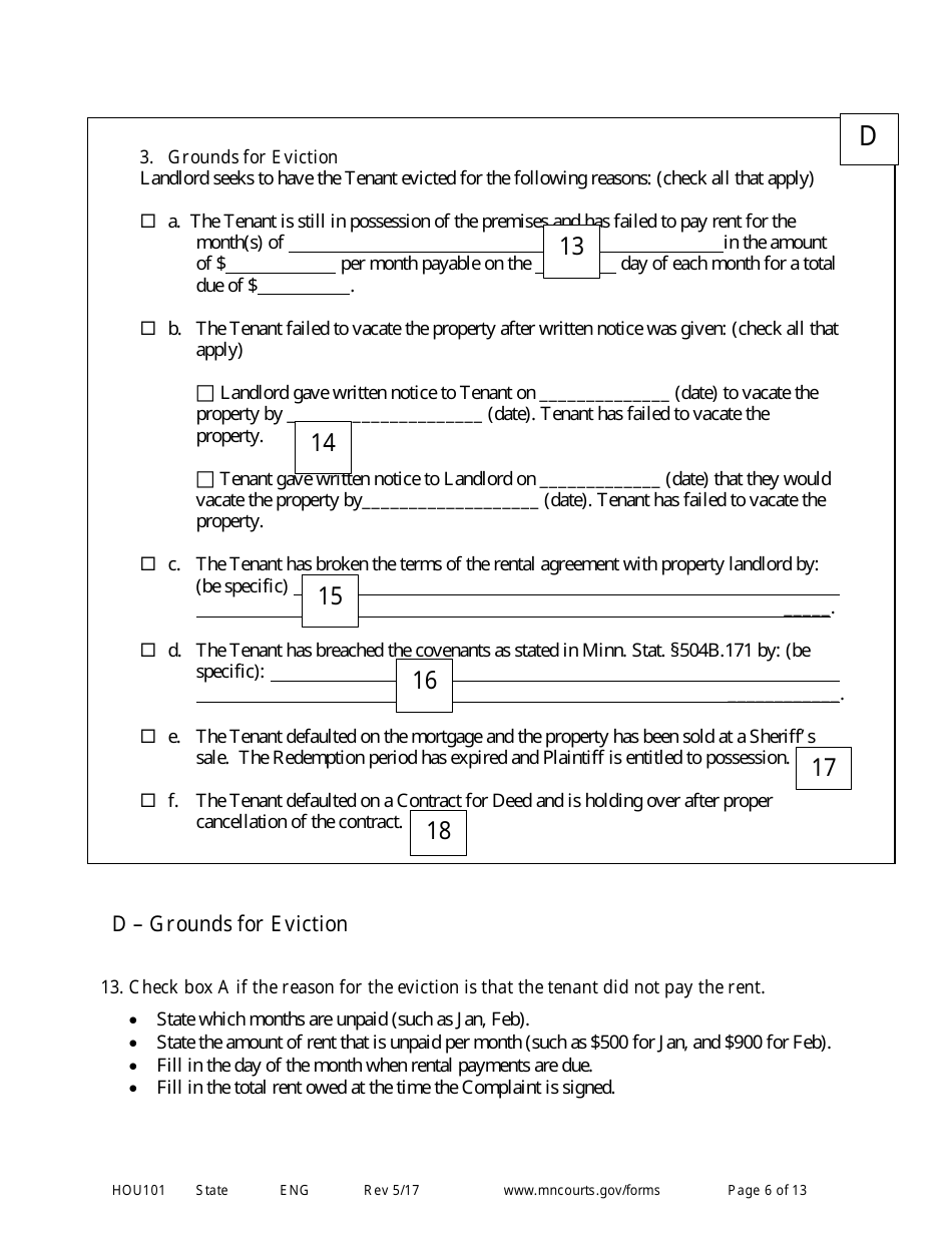 Form HOU101 Instructions - Eviction Action Complaint - Minnesota, Page 6