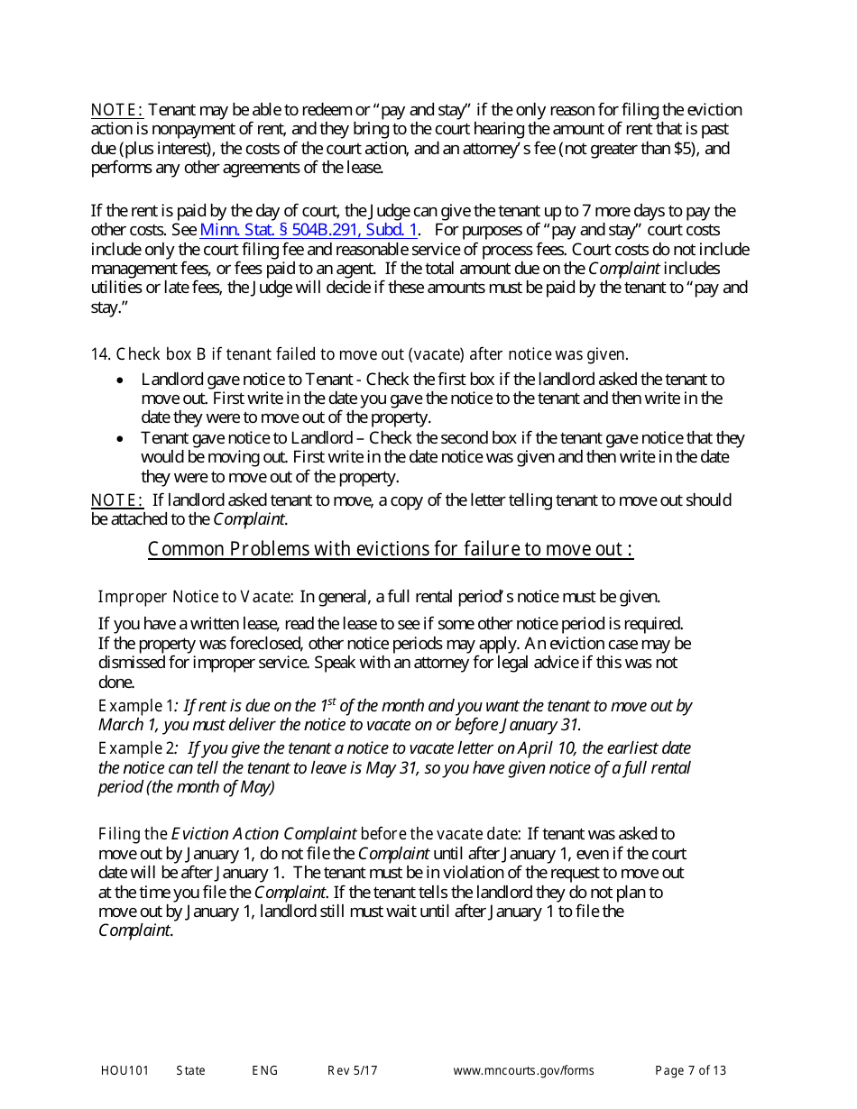Form HOU101 Instructions - Eviction Action Complaint - Minnesota, Page 7