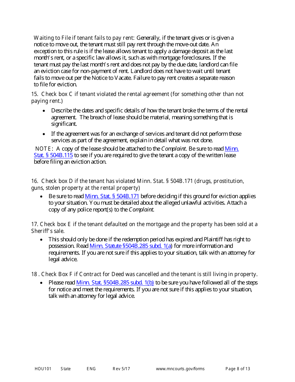 Form HOU101 Instructions - Eviction Action Complaint - Minnesota, Page 8