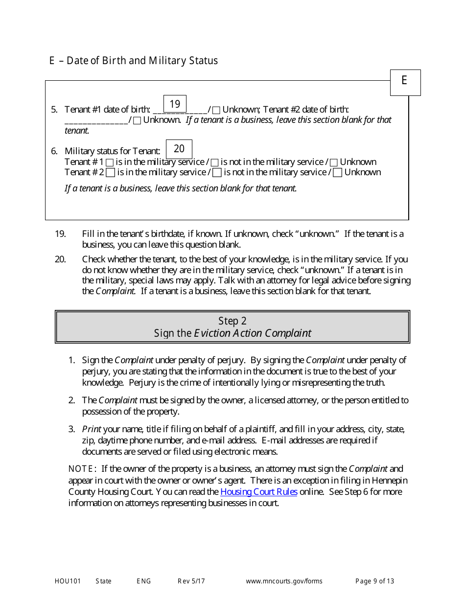 Form HOU101 Instructions - Eviction Action Complaint - Minnesota, Page 9