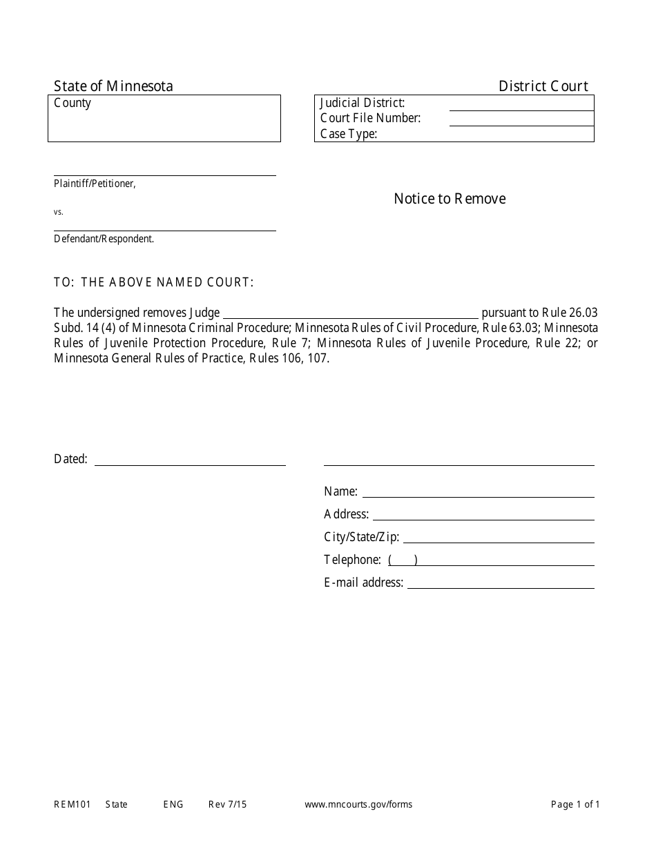 Form REM101 Notice to Remove - Minnesota, Page 1