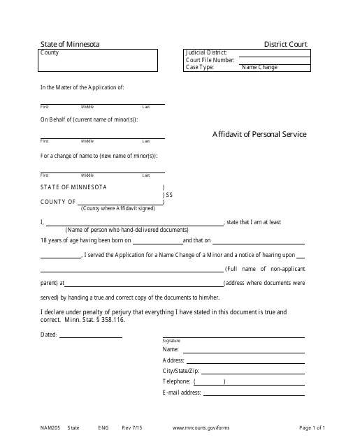 Form NAM205 Affidavit of Personal Service - Minnesota