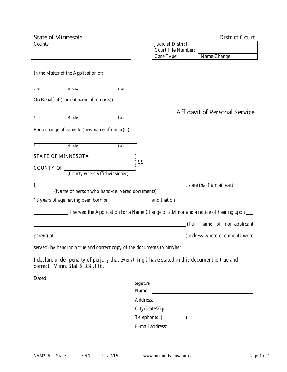 Form NAM205 Affidavit of Personal Service - Minnesota, Page 1