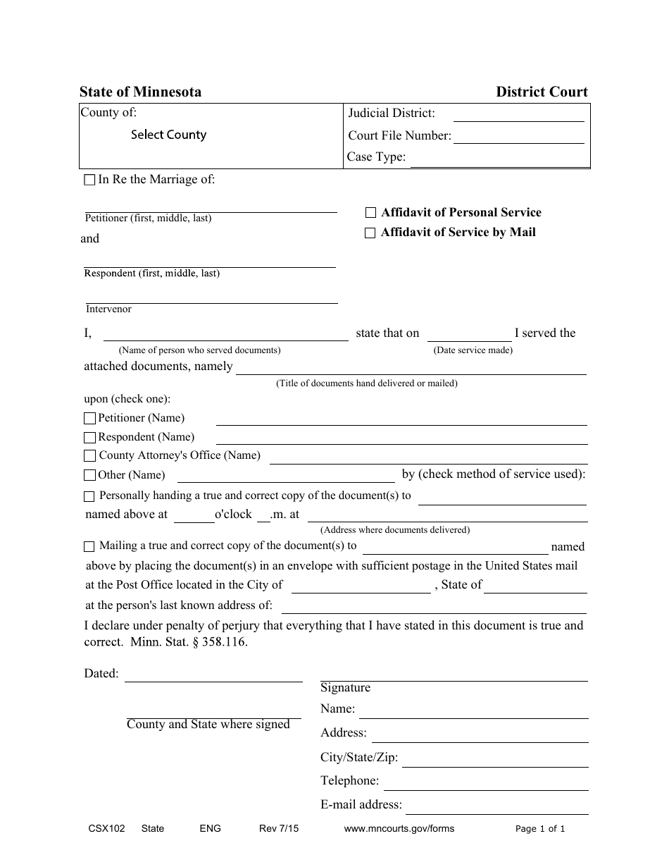 Form CSX102 Affidavit of Service - Personal and by Mail - Minnesota, Page 1