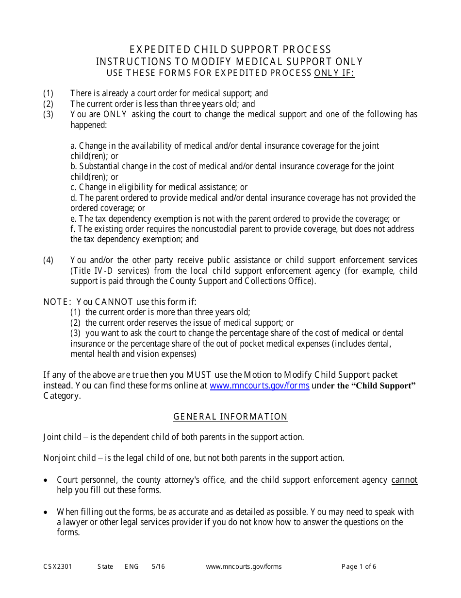 Form CSX2301 Instruction - Motion to Modify Medical Support Only (Expedited Process) - Minnesota, Page 1
