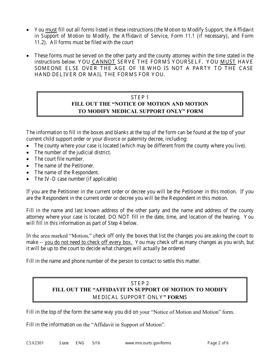 Form CSX2301 Instruction - Motion to Modify Medical Support Only (Expedited Process) - Minnesota, Page 2
