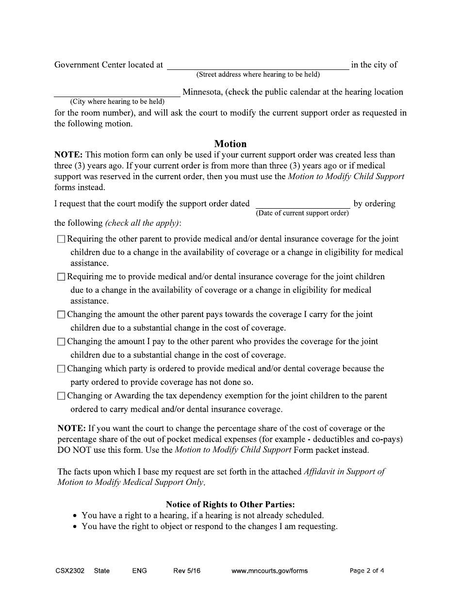 Form CSX2302 Motion to Modify Medical Support Only - Expedited Process - Minnesota, Page 2