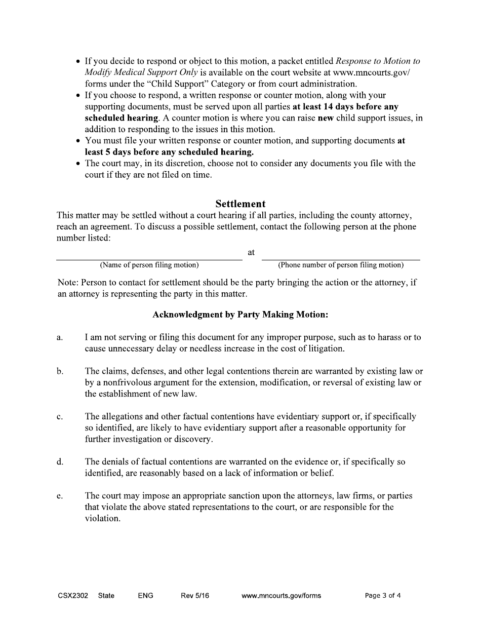 Form CSX2302 Motion to Modify Medical Support Only - Expedited Process - Minnesota, Page 3