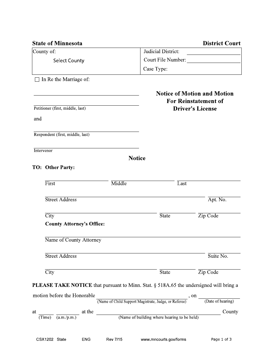 Form CSX1202 Notice of Motion and Motion to Reinstate Drivers License - Minnesota, Page 1