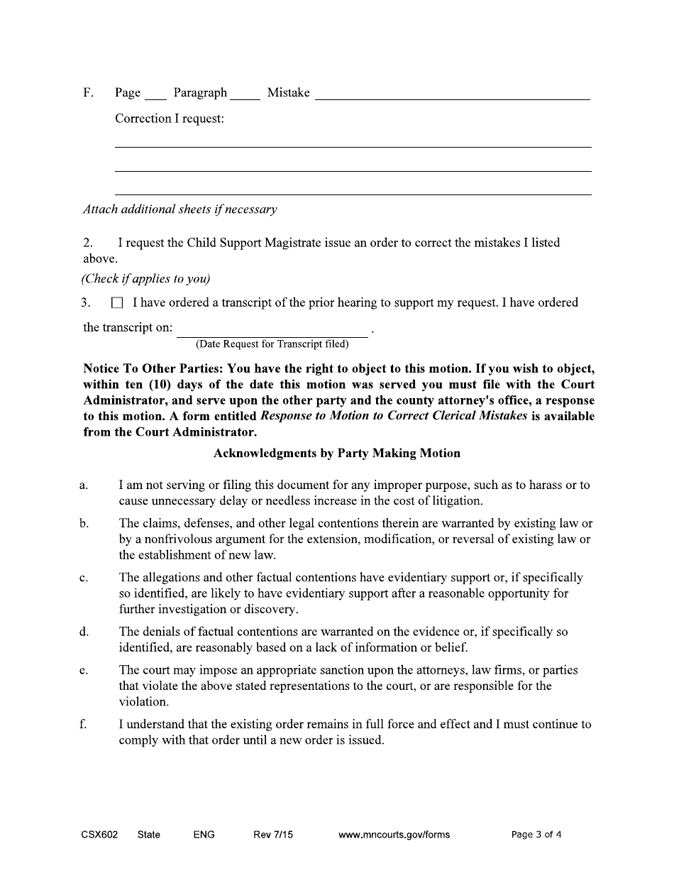 Form CSX602 Motion to Correct Clerical Mistakes - Minnesota, Page 3