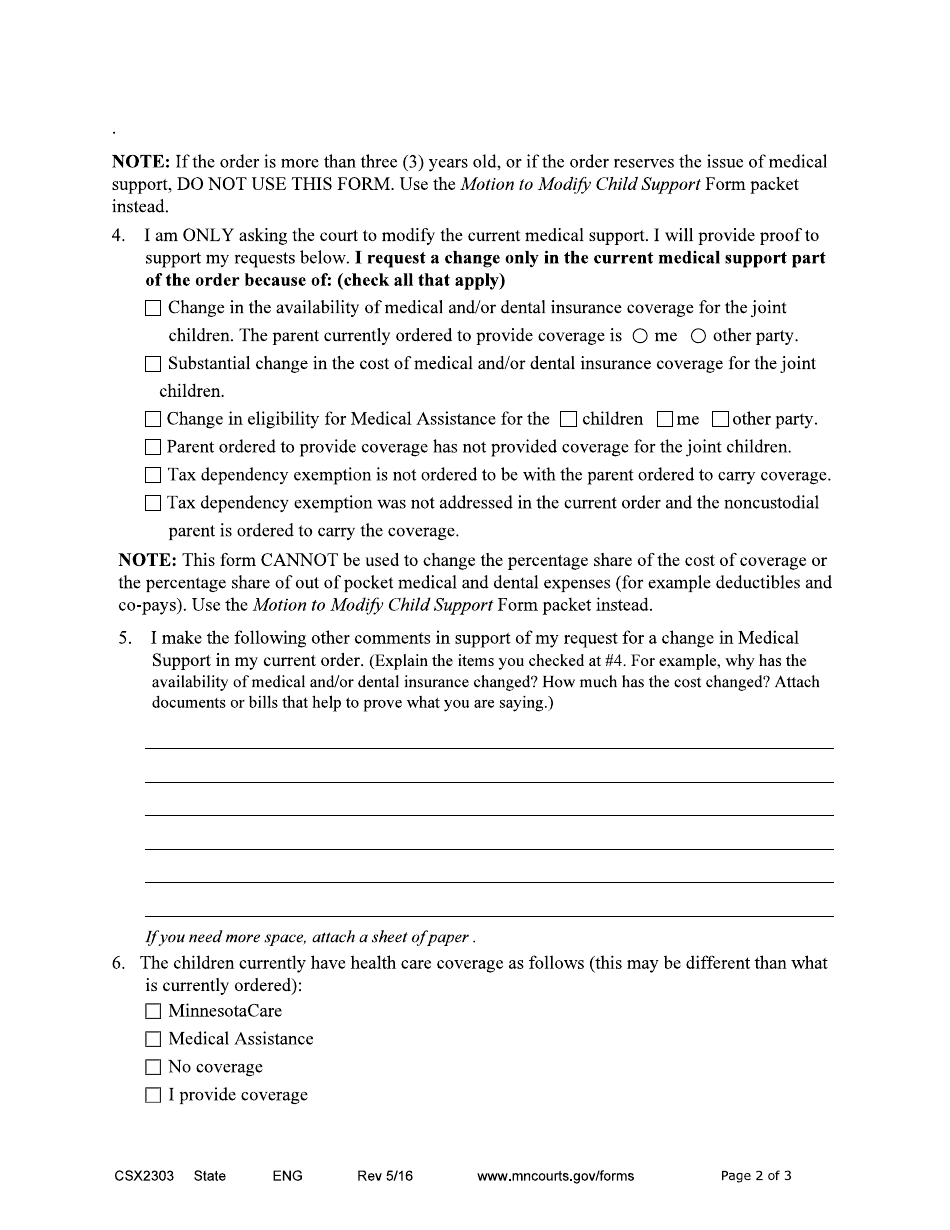 Form CSX2303 Affidavit in Support of Motion to Modify Medical Support Only - Expedited Process - Minnesota, Page 2