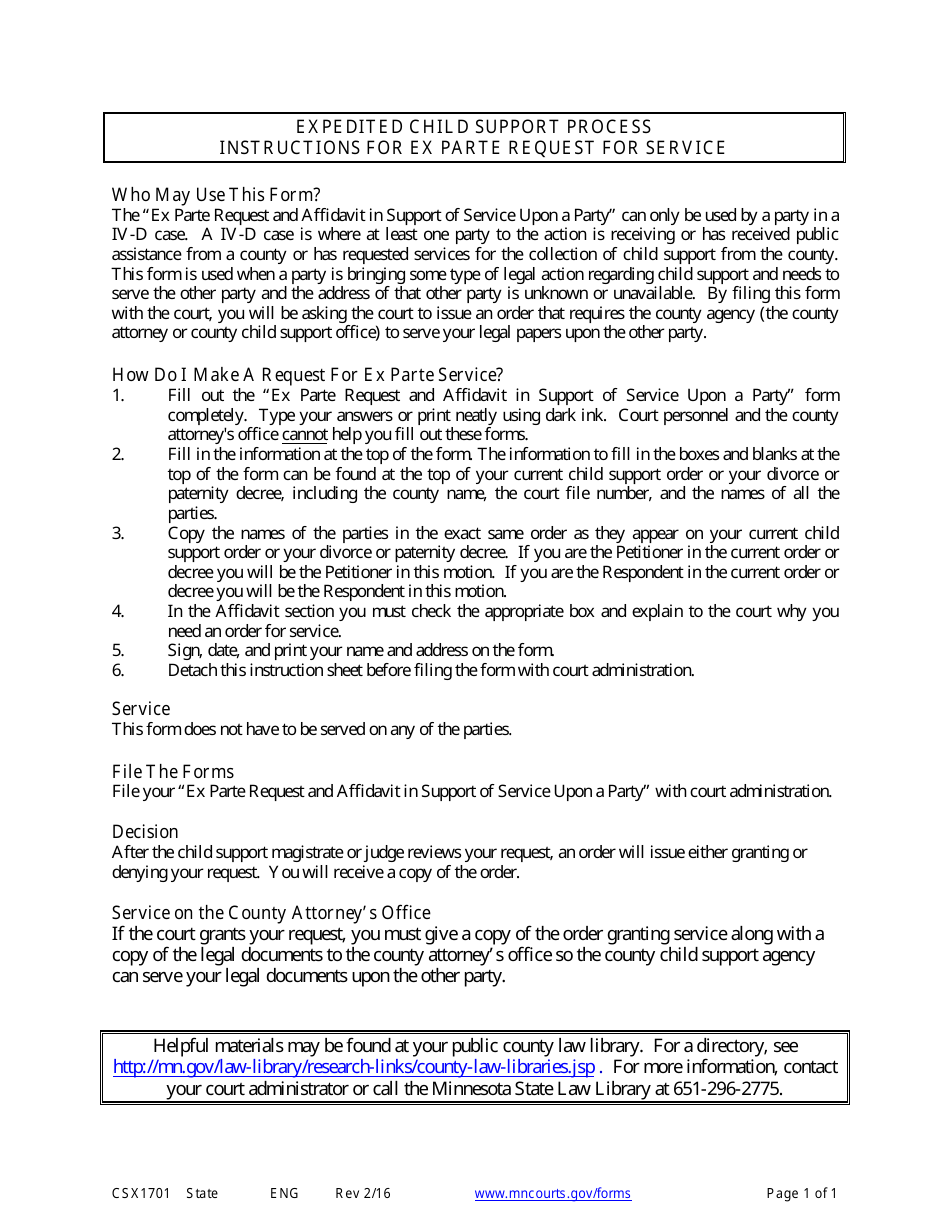 Instructions for Form CSX1702 Ex Parte Request and Affidavit in Support of Service Upon a Party - Minnesota, Page 1