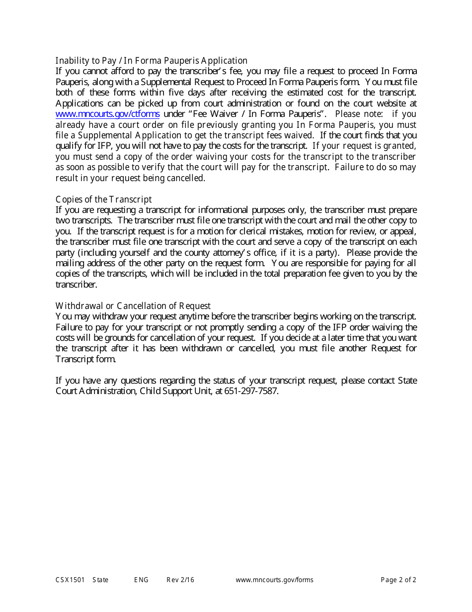 Instructions for Form CSX1502 Request for Transcript - Minnesota, Page 2