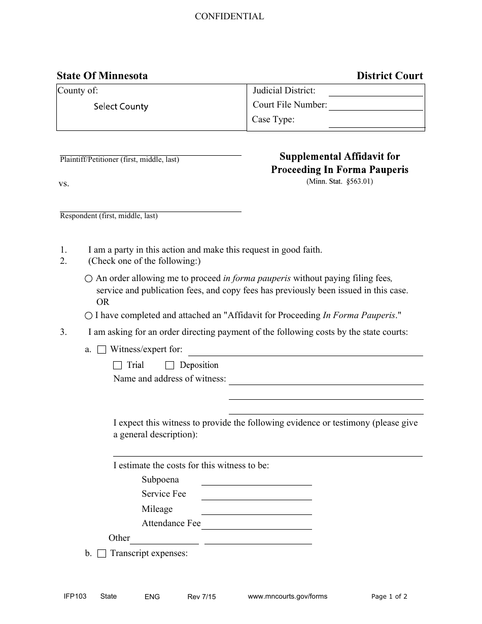 Form IFP103 Supplemental Affidavit for Proceeding in Forma Pauperis - Minnesota, Page 1