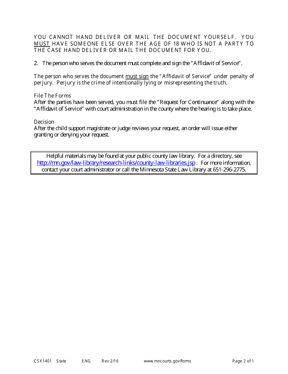 Form CSX1401 Instructions - Request for Continuance - Minnesota, Page 2