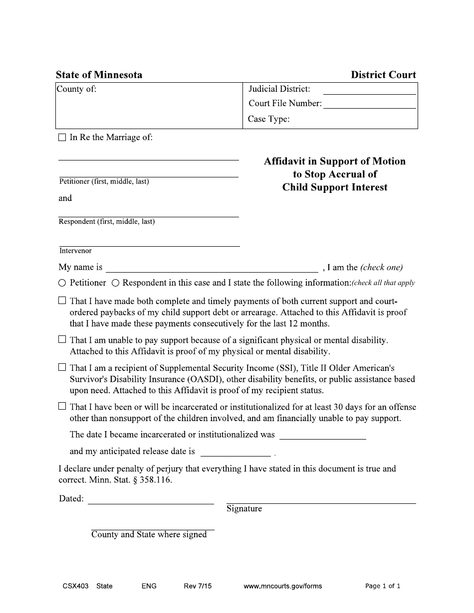 Form CSX403 Affidavit Supporting Motion to Stop Interest - Minnesota, Page 1