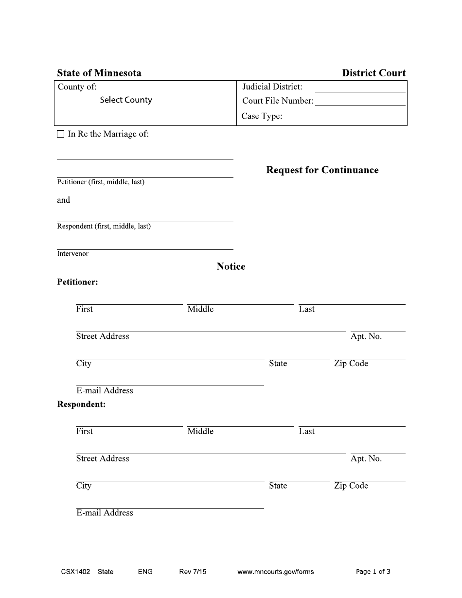 Form CSX1402 Request for Continuance - Minnesota, Page 1