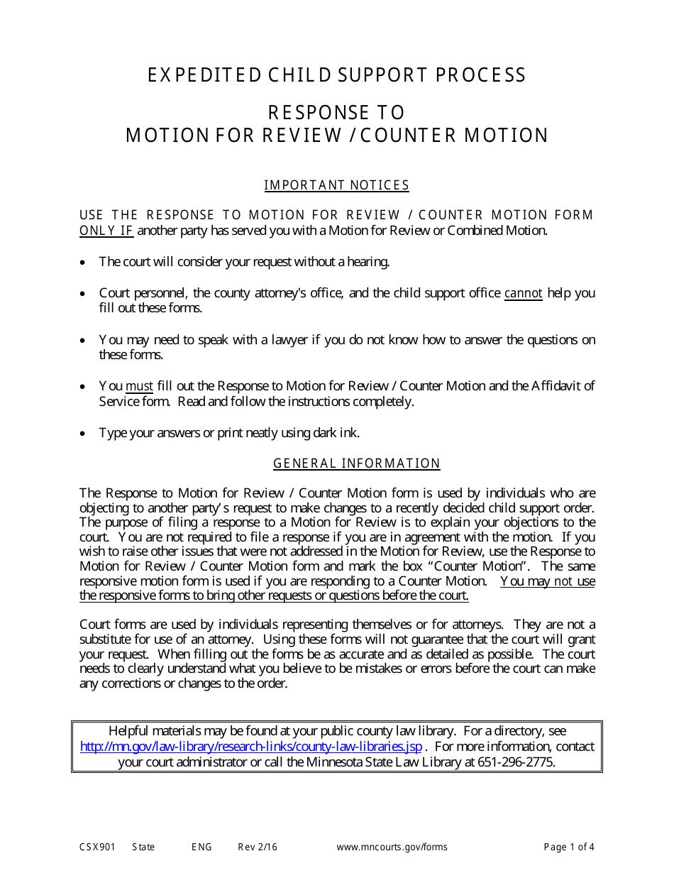 Instructions for Form CSX902 Response to Motion for Review / Counter Motion - Minnesota, Page 1