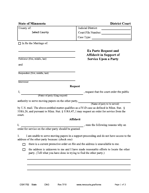 Form CSX1702 Request and Affidavit for County to Serve Papers - Minnesota