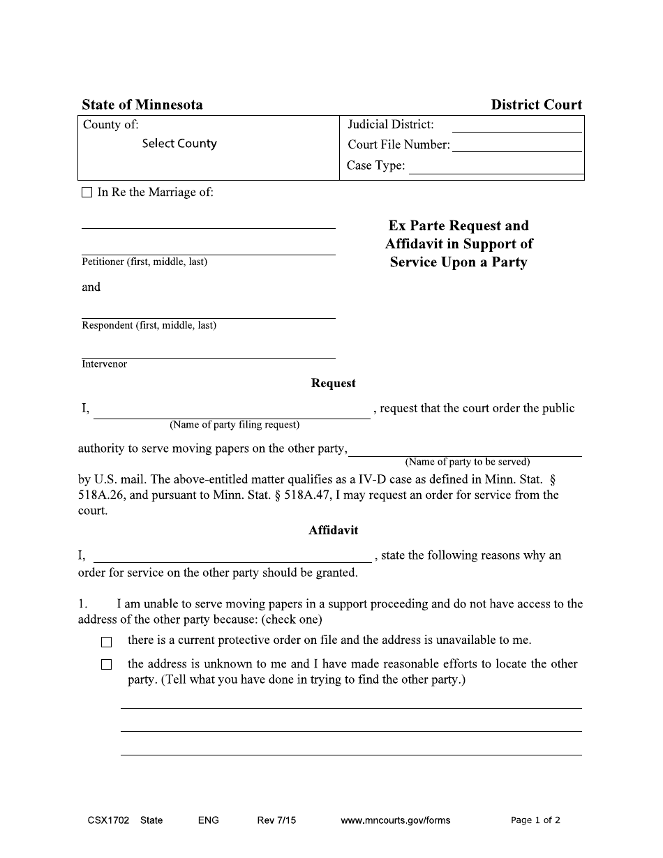 Form CSX1702 Request and Affidavit for County to Serve Papers - Minnesota, Page 1