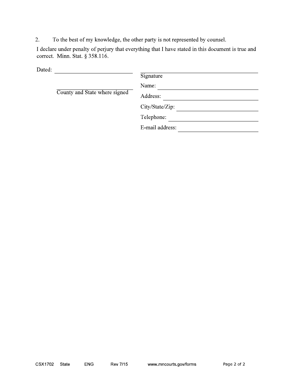 Form CSX1702 Request and Affidavit for County to Serve Papers - Minnesota, Page 2