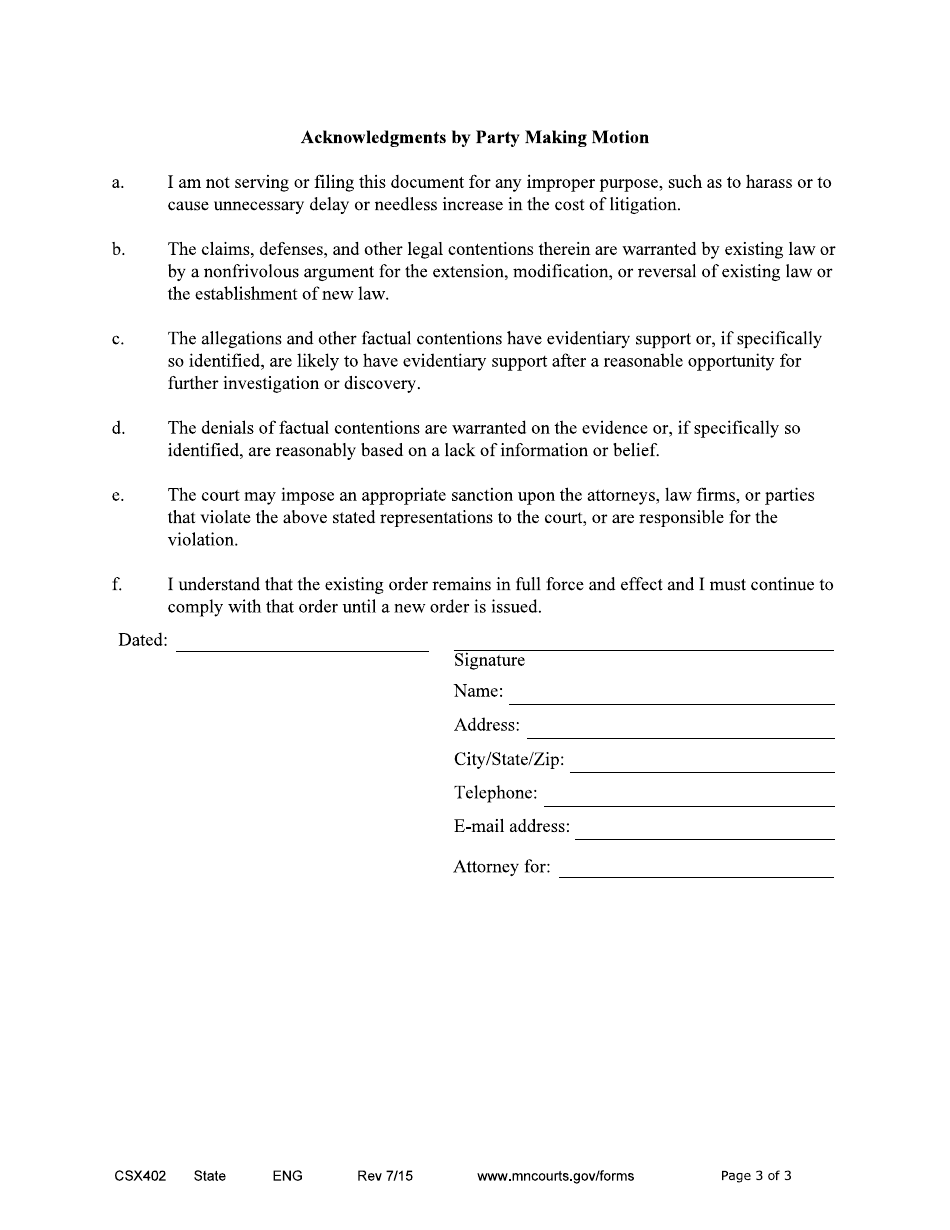 Form CSX402 Noitce of Motion and Motion to Stop Accrual of Child Support Interest - Minnesota, Page 3