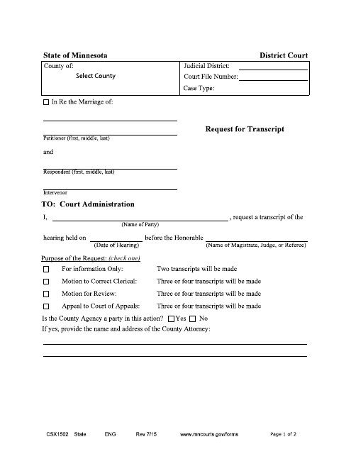 Form CSX1502 Request for Transcript - Minnesota
