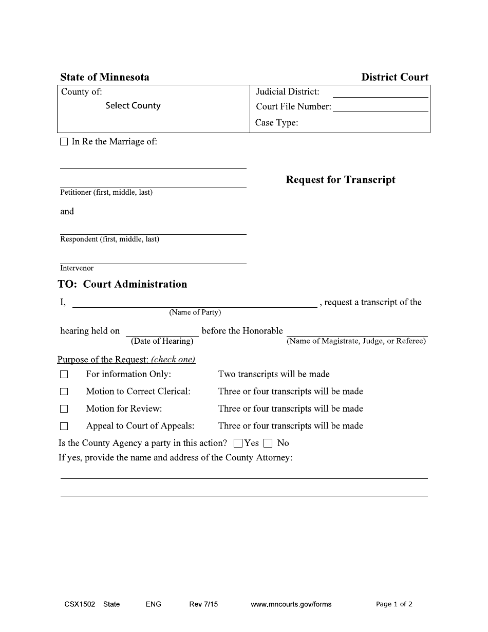 Form CSX1502 Request for Transcript - Minnesota, Page 1
