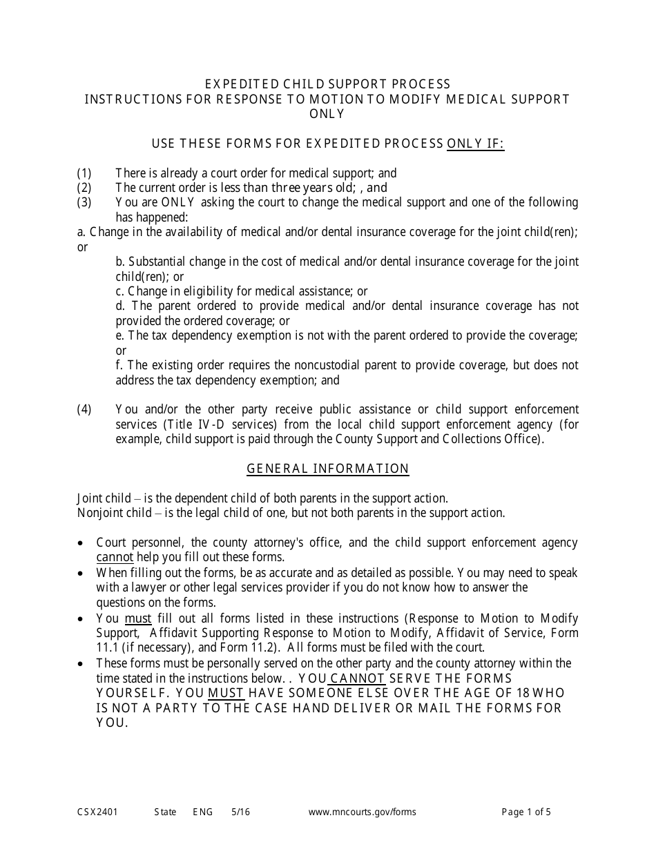 Form CSX2401 Instructions - Responsive Motion to Modify Medical Support Only (Expedited Process) - Minnesota, Page 1