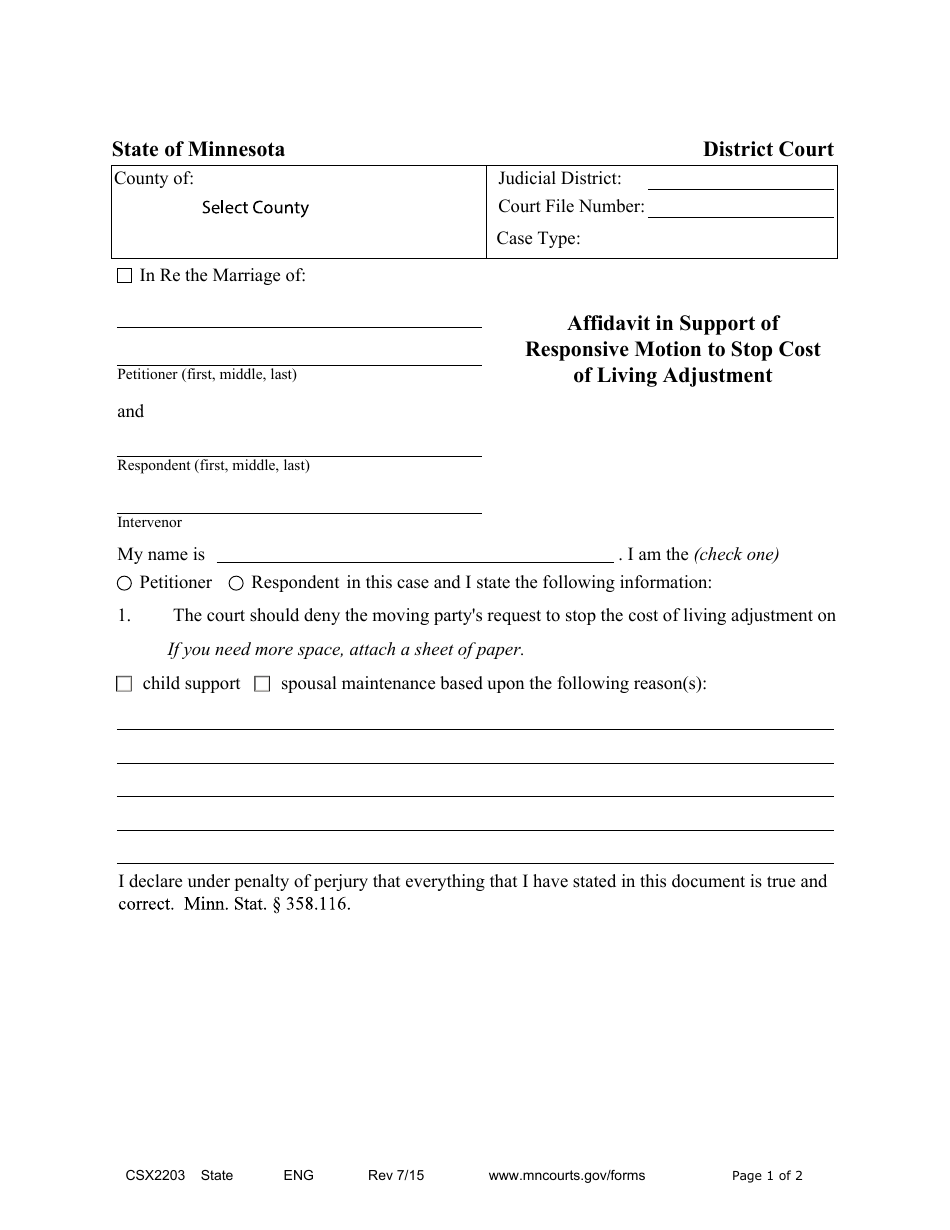 Form CSX2203 Affidavit in Support of Responsive Motion to Stop Cost of Living Adjustment - Minnesota, Page 1
