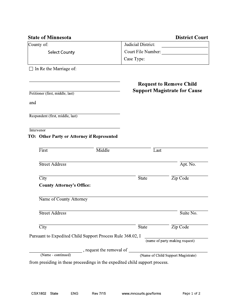 Form CSX1802 Request to Remove Child Support Magistrate for Cause - Minnesota, Page 1