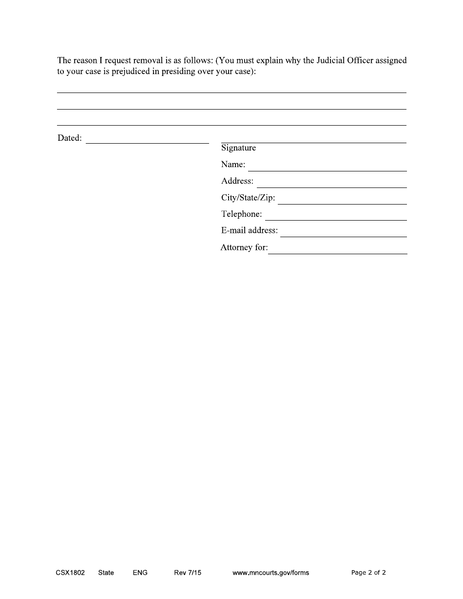Form CSX1802 Request to Remove Child Support Magistrate for Cause - Minnesota, Page 2