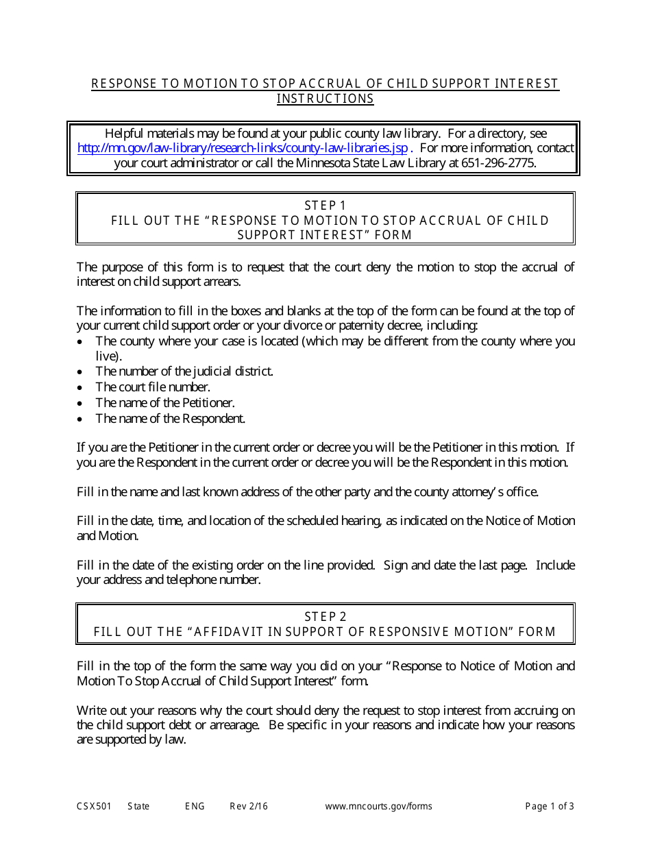 Form CSX501 Instructions - Response to Motion to Stop Interest - Minnesota, Page 1