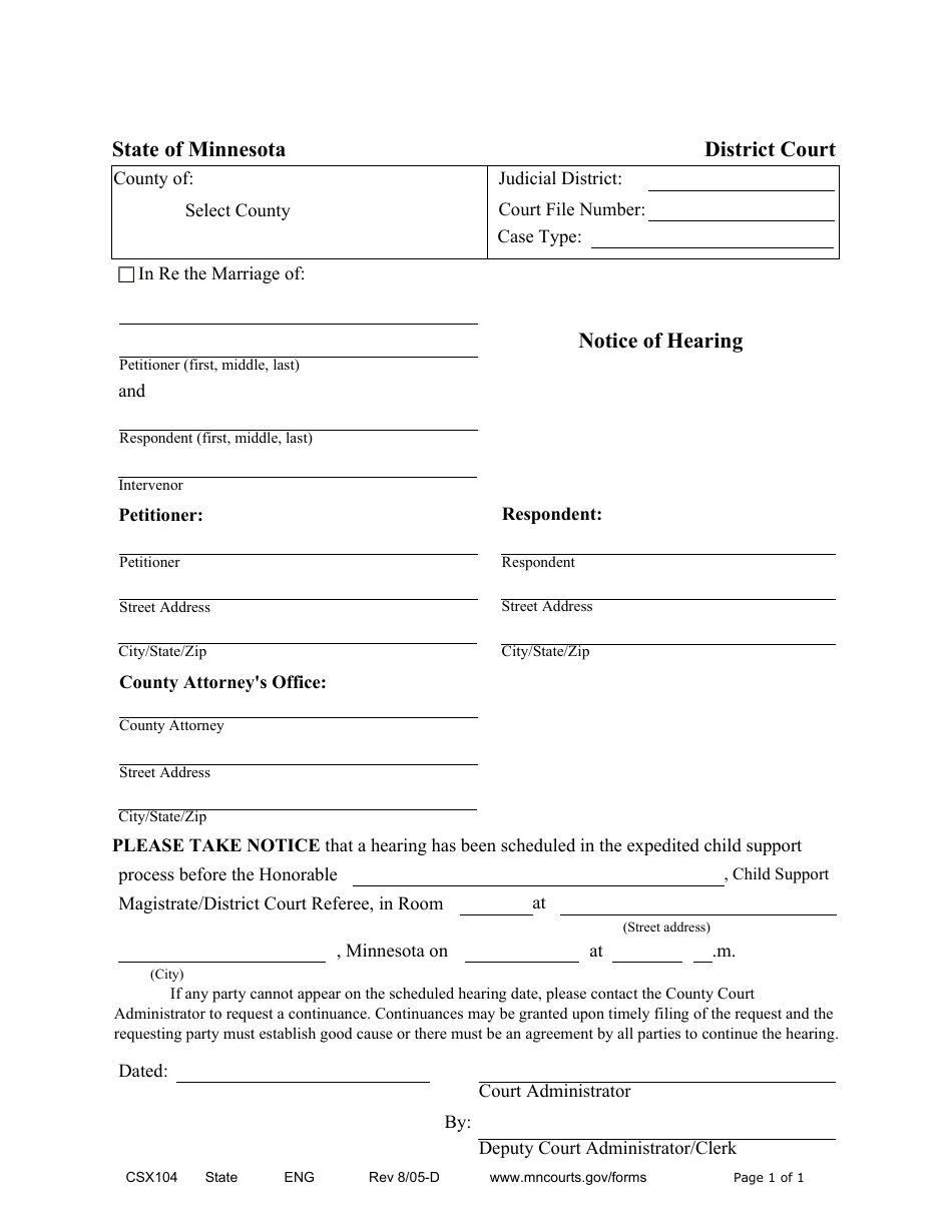 Form CSX104 Notice of Hearing - Minnesota, Page 1