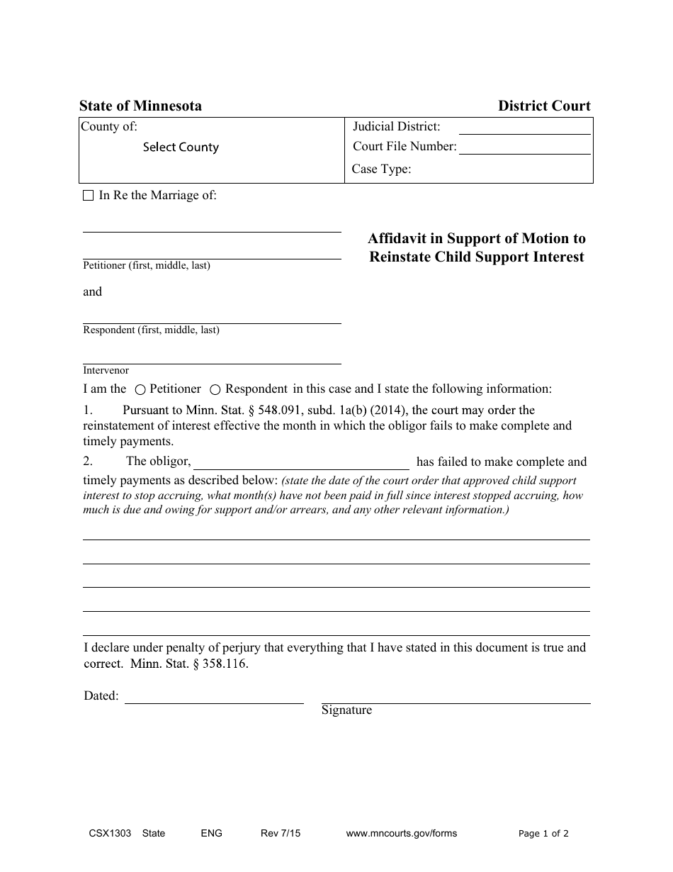 Form CSX1303 Affidavit in Support of Motion to Reinstate Child Support Interest - Minnesota, Page 1