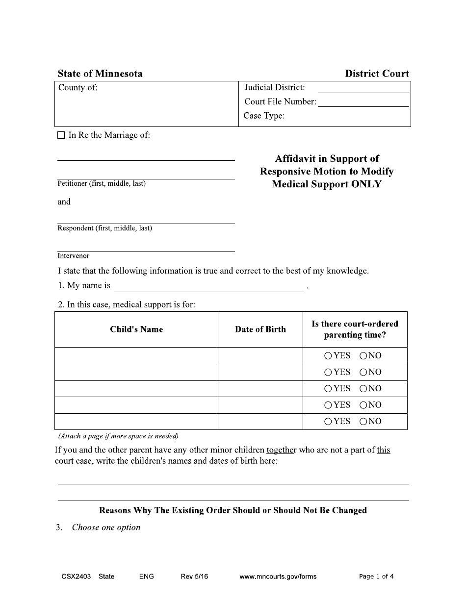 Form CSX2403 Affidavit in Support of Responsive Motion to Modify Medical Support Only (Expedited Process) - Minnesota, Page 1