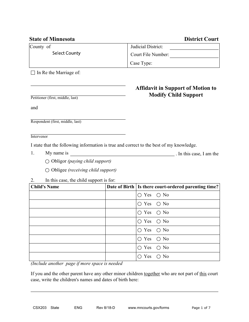 Form CSX203 Affidavit in Support of Motion to Modify Child Support - Minnesota, Page 1