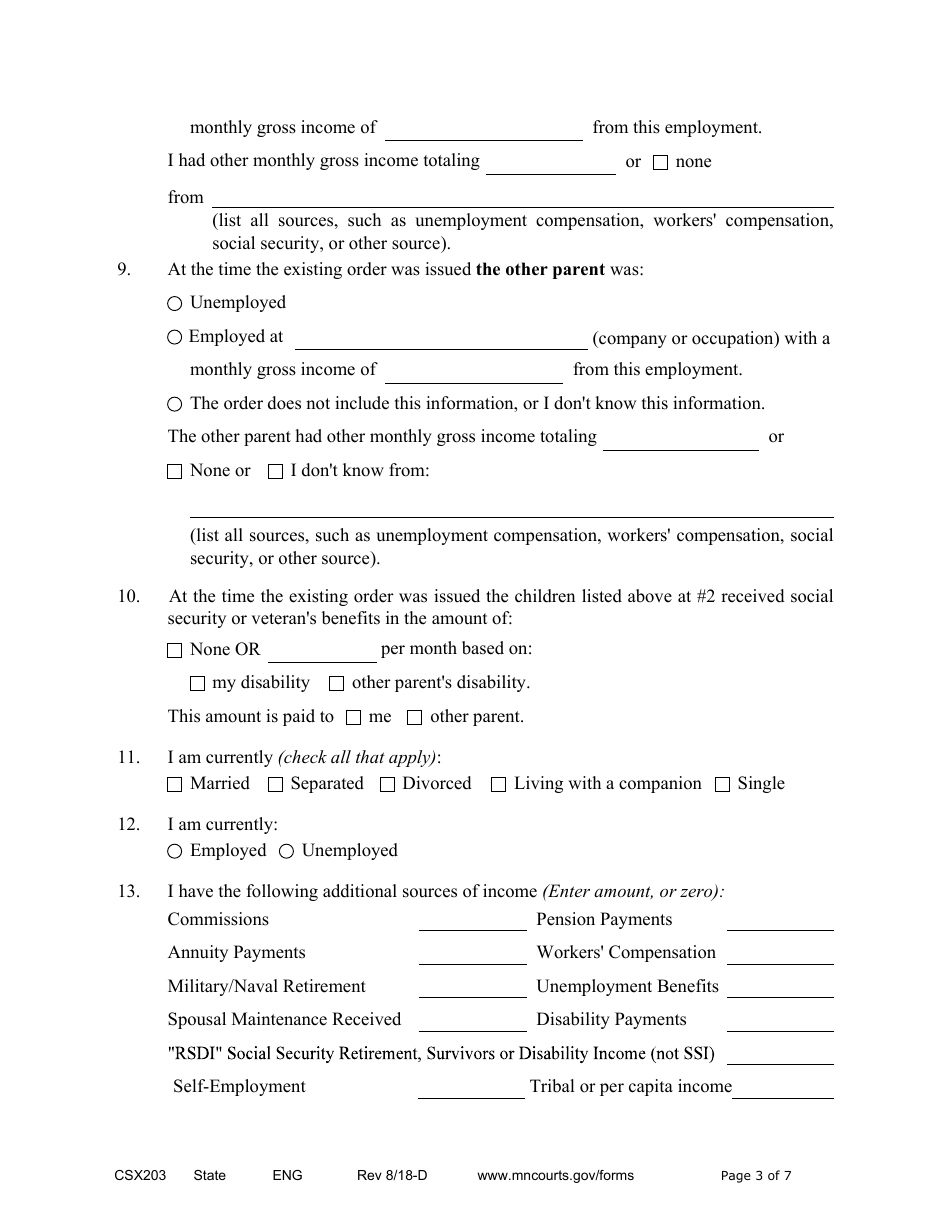 Form CSX203 Affidavit in Support of Motion to Modify Child Support - Minnesota, Page 3